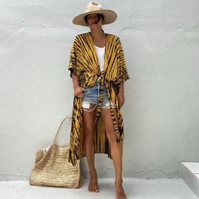 Beach Cover Ups for Swimwear Women Black Tie Dye Kimono Swimsuit Cape Summer Dress 2022 Beachwear Outfits Sales (Color: yellow black covers, size: one size)