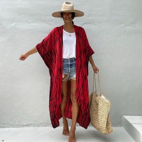 Beach Cover Ups for Swimwear Women Black Tie Dye Kimono Swimsuit Cape Summer Dress 2022 Beachwear Outfits Sales (Color: red kimono beach, size: one size)