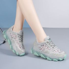 Women's Mesh Surface Hollowed Height Increasing Insole Breathable Sneakers (Option: Green-35)